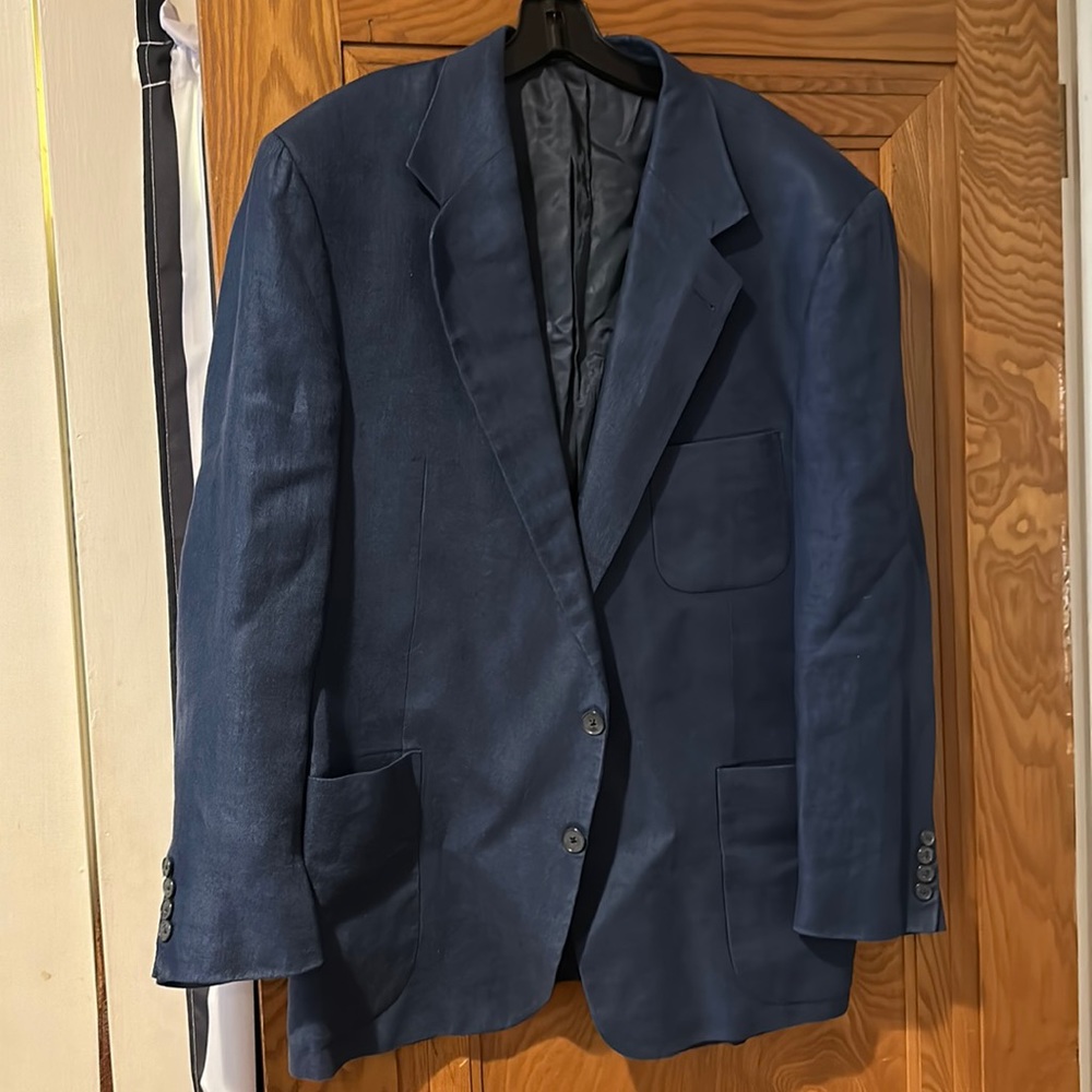 Blue linen sports coat with rayon lining.  Joseph Aboud for Bloomingdale’s